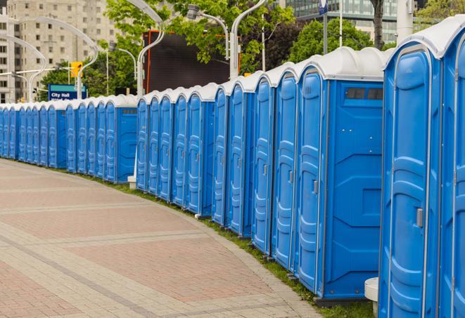 a line of portable restrooms at an outdoor wedding, catering to guests with style and comfort in Brooklyn Center